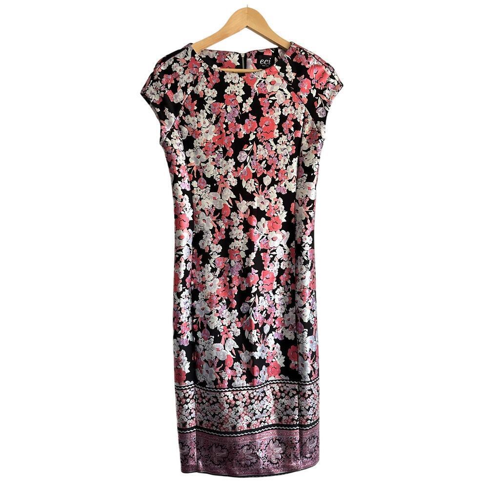 NWT Eci New York Metallic Silver Pink Floral Print Stretch Dress Workwear Size 4